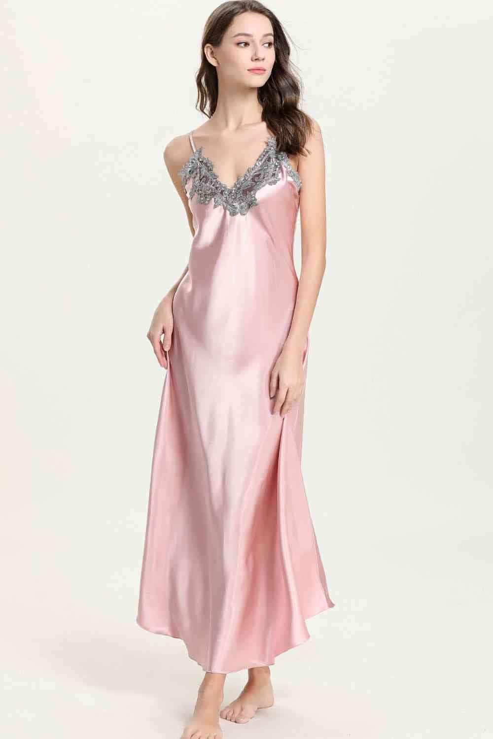 Trendsi Pink / M Full Size Lace Trim V-Neck Spaghetti Strap Satin Night Dress 100100744230571 Apparel &amp; Accessories &gt; Clothing &gt; Sleepwear &amp; Loungewear &gt; Robes