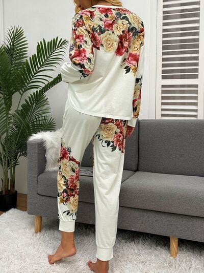 Trendsi White / XS Printed Round Neck Top and Drawstring Pants Lounge Set 100100950621199 Apparel & Accessories > Clothing > Sleepwear & Loungewear > Robes