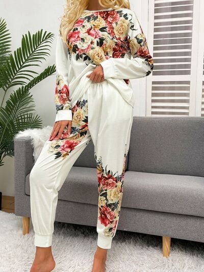 Trendsi Printed Round Neck Top and Drawstring Pants Lounge Set Apparel &amp; Accessories &gt; Clothing &gt; Sleepwear &amp; Loungewear &gt; Robes