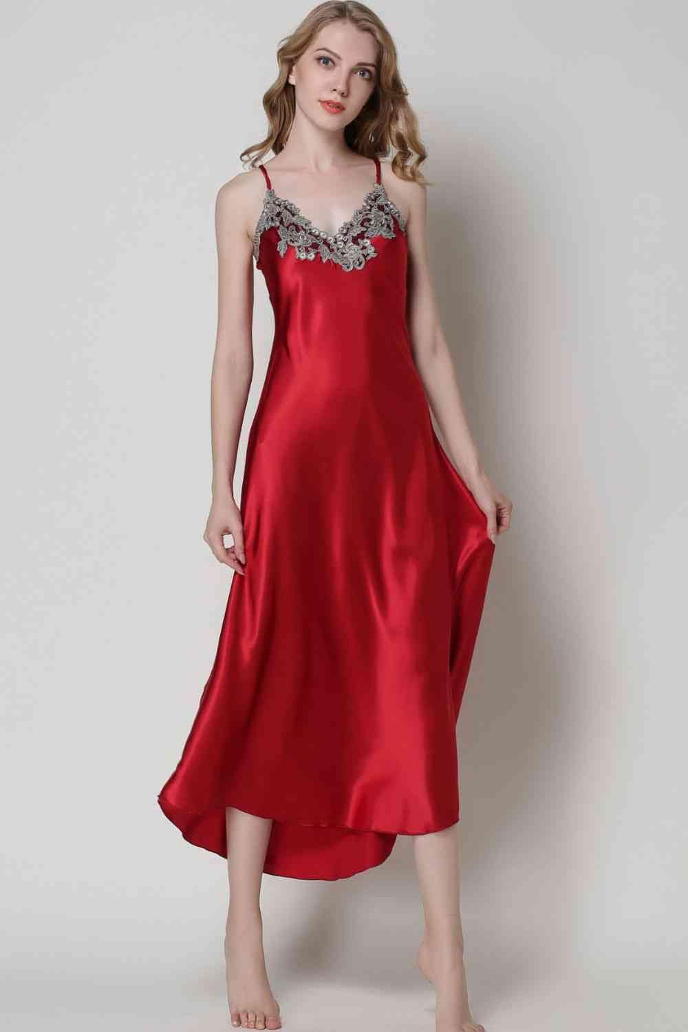 Trendsi Red / M Full Size Lace Trim V-Neck Spaghetti Strap Satin Night Dress 100100744238168 Apparel &amp; Accessories &gt; Clothing &gt; Sleepwear &amp; Loungewear &gt; Robes