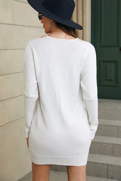 Trendsi White / S V-Neck Long Sleeve Mini Sweater Dress 100100571881850 Apparel & Accessories > Clothing > Sleepwear & Loungewear > Robes
