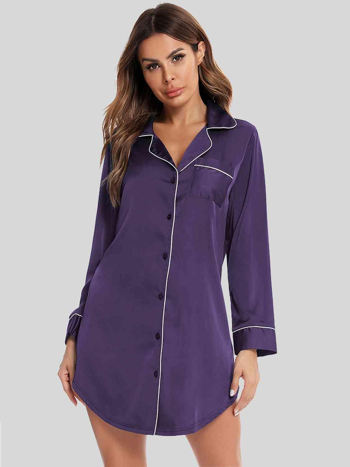 Trendsi Violet / S Button Up Lapel Collar Night Dress with Pocket 101100834678867 Apparel &amp; Accessories &gt; Clothing &gt; Sleepwear &amp; Loungewear &gt; Robes