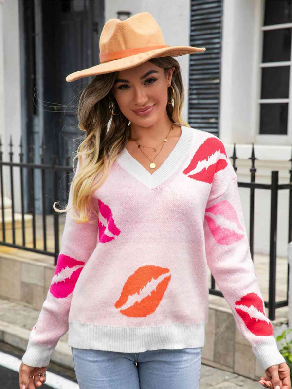 Trendsi White / S Lip V-Neck Drop Shoulder Sweater 100100539892141 Apparel & Accessories > Clothing > Sleepwear & Loungewear > Robes