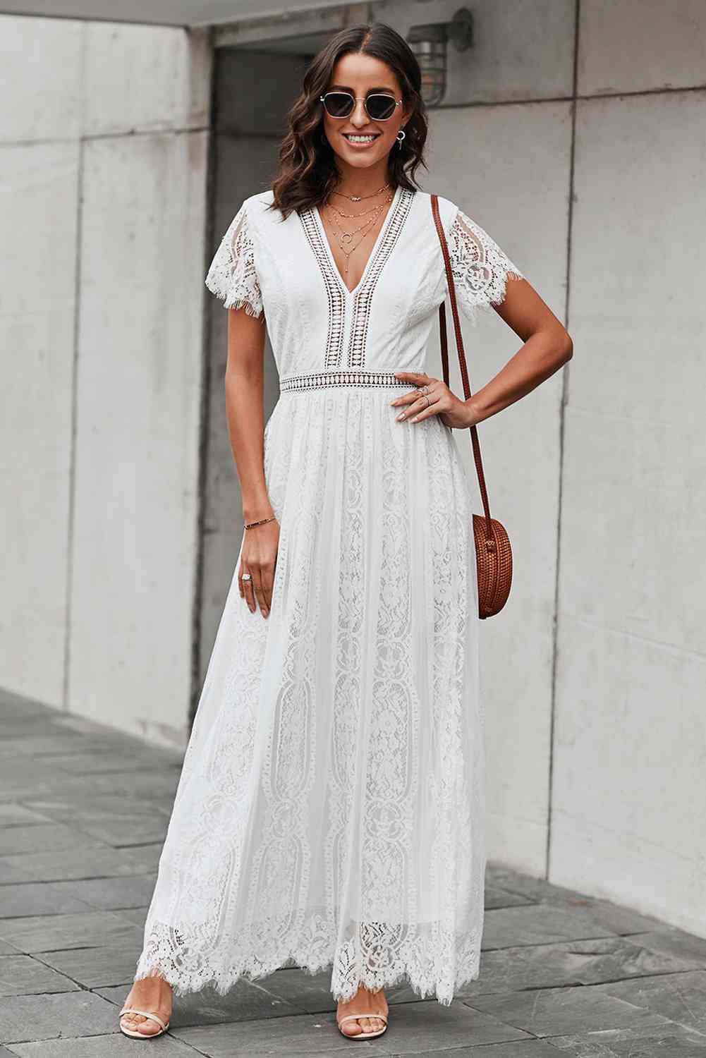 Trendsi White / S Scalloped Trim Lace Plunge Dress 100100898741493 Apparel &amp; Accessories &gt; Clothing &gt; Sleepwear &amp; Loungewear &gt; Robes
