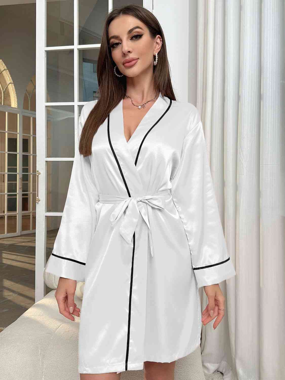 Trendsi White / S Tie Waist Surplice Neck Robe 100100653350390 Apparel &amp; Accessories &gt; Clothing &gt; Sleepwear &amp; Loungewear &gt; Robes