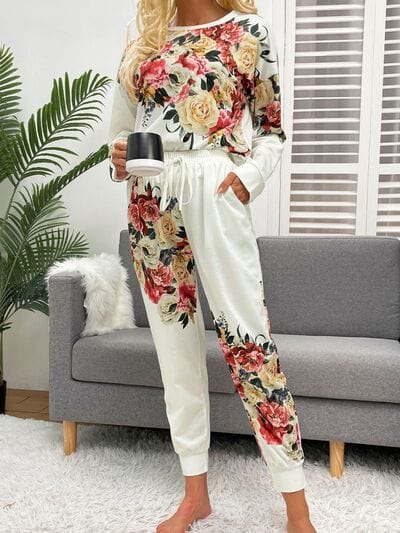 Trendsi White / XS Printed Round Neck Top and Drawstring Pants Lounge Set 100100950621199 Apparel & Accessories > Clothing > Sleepwear & Loungewear > Robes