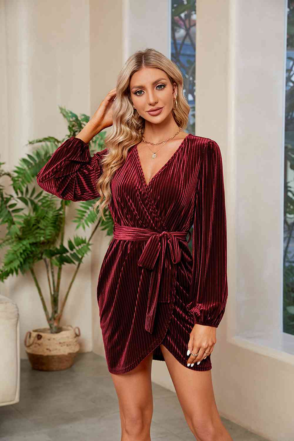 Trendsi Wine / S Ribbed Tie Front Mini Dress 100101859770788 Apparel &amp; Accessories &gt; Clothing &gt; Sleepwear &amp; Loungewear &gt; Robes