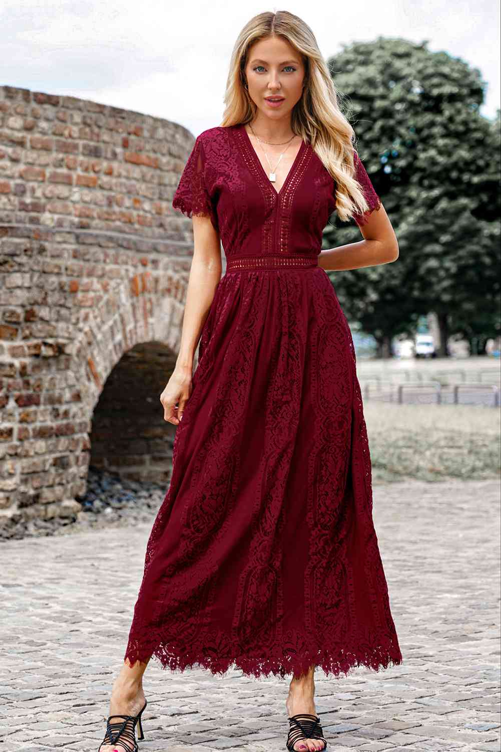 Trendsi Wine / S Scalloped Trim Lace Plunge Dress 100100898748757 Apparel &amp; Accessories &gt; Clothing &gt; Sleepwear &amp; Loungewear &gt; Robes