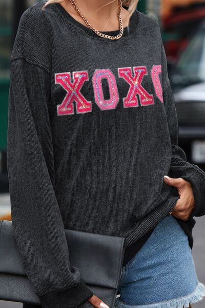 Trendsi XOXO Round Neck Dropped Shoulder Sweatshirt Apparel &amp; Accessories &gt; Clothing &gt; Sleepwear &amp; Loungewear &gt; Robes