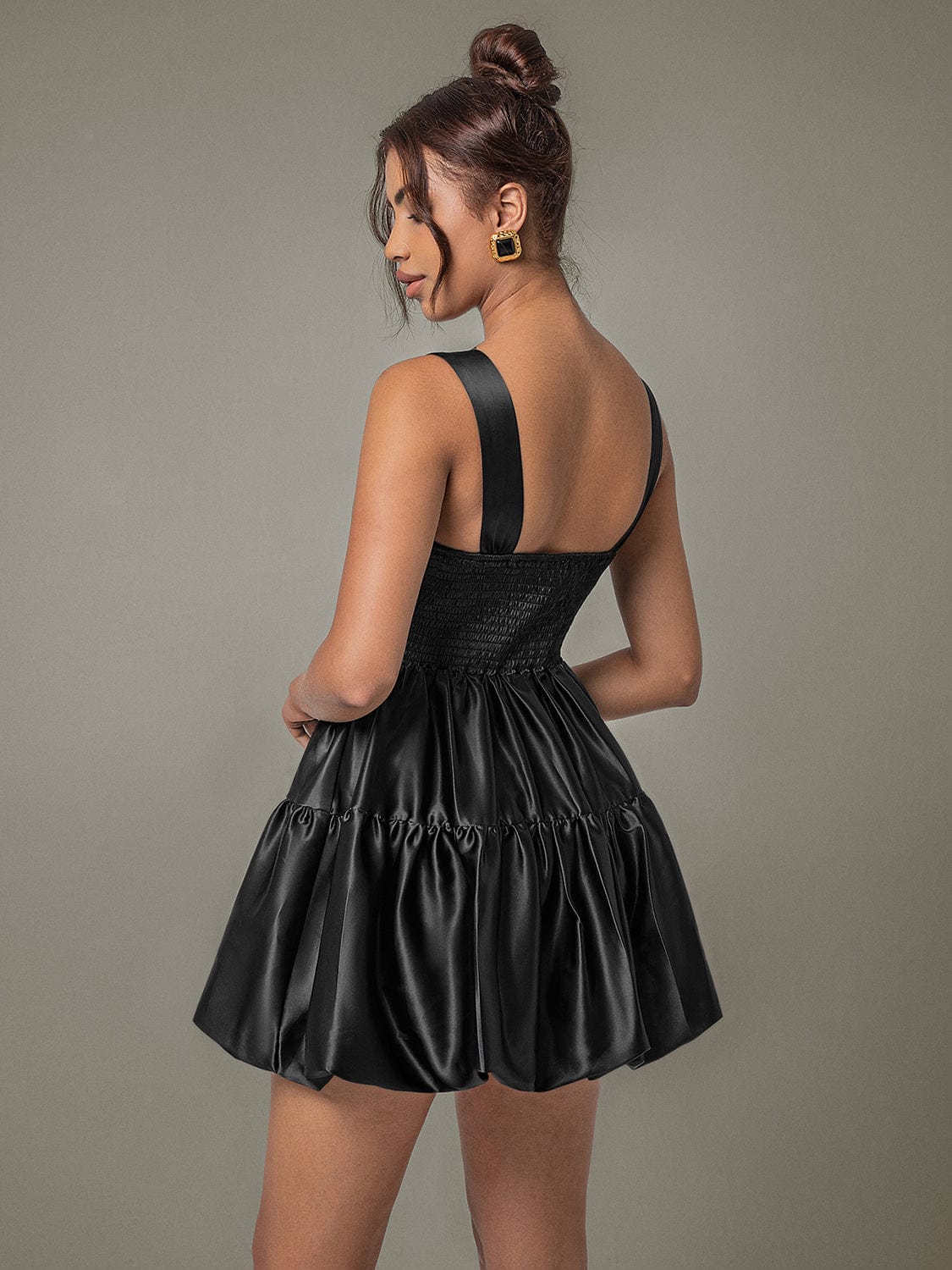 Trendsi Black Satin Ruched Square Neck Wide Strap Mini Evening Party Club Dress Black Satin Ruched Square Neck Wide Strap Mini Evening Party Club Dress