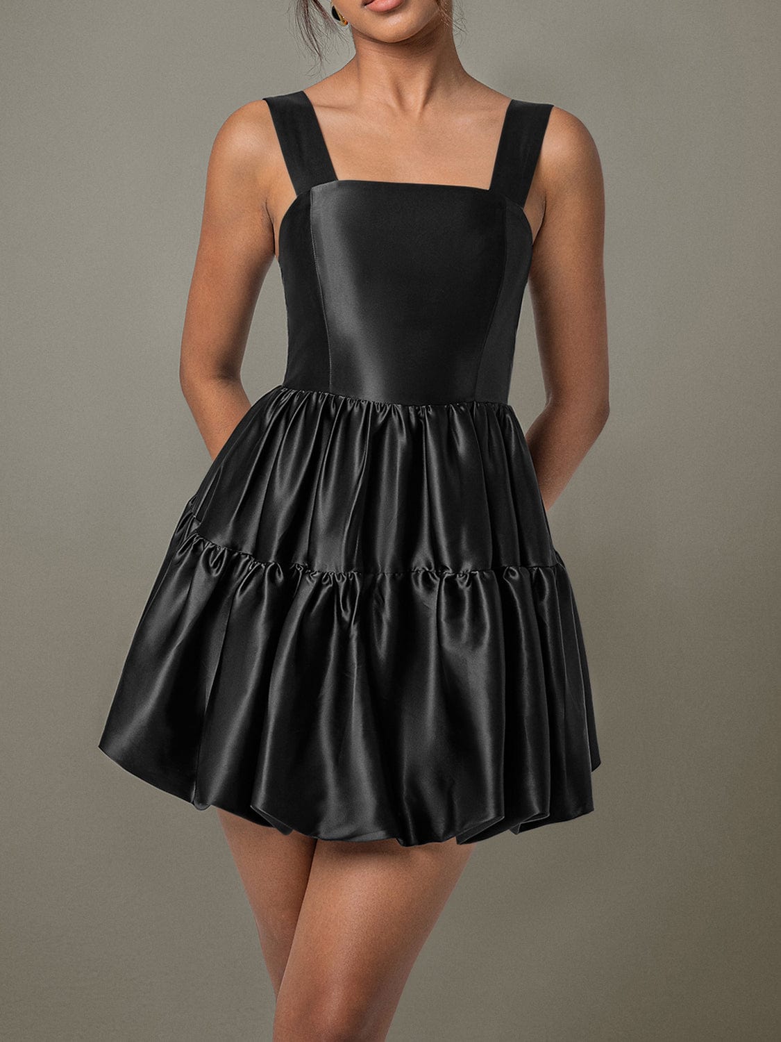 Trendsi Black Satin Ruched Square Neck Wide Strap Mini Evening Party Club Dress Black Satin Ruched Square Neck Wide Strap Mini Evening Party Club Dress