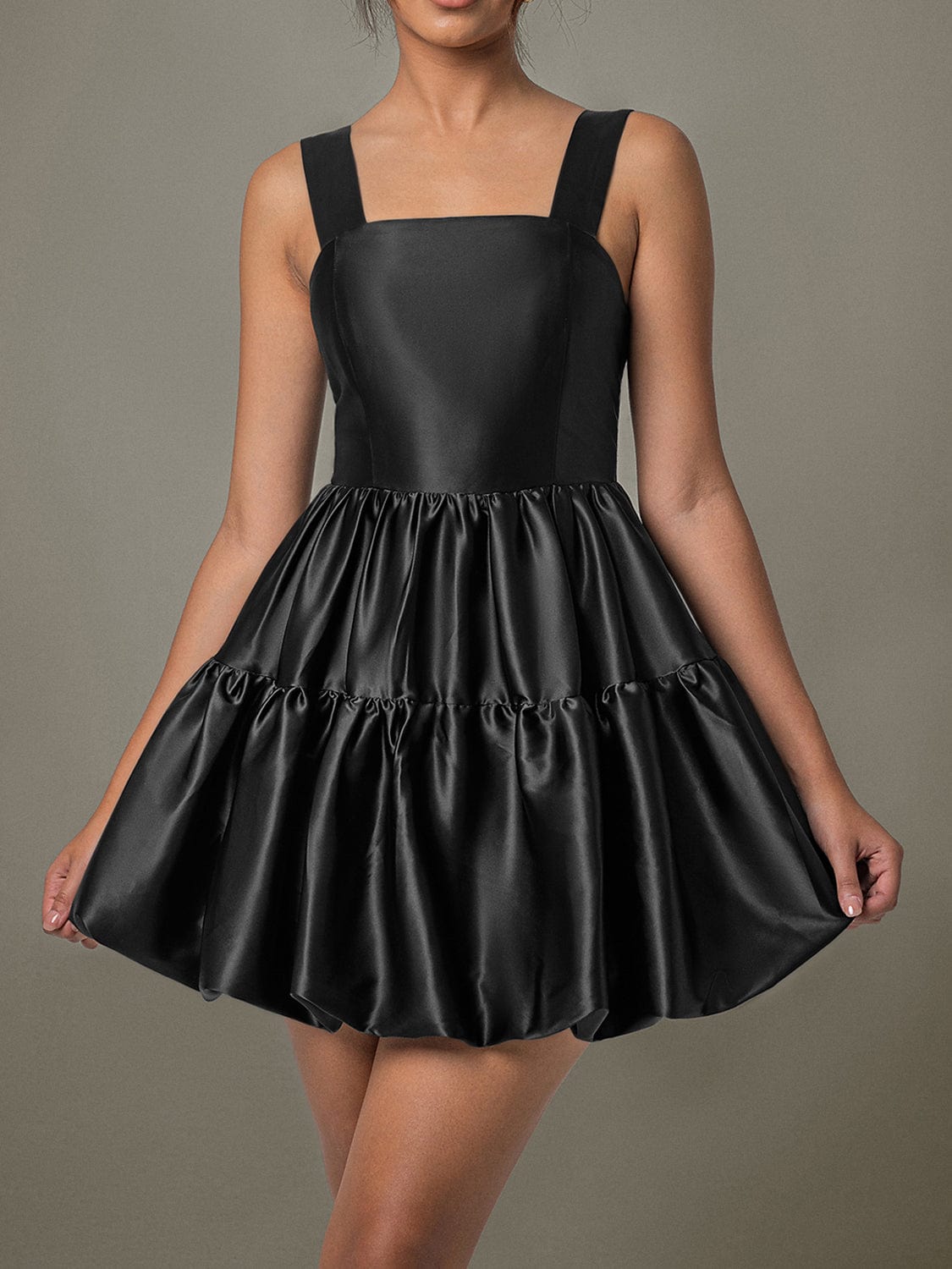 Trendsi Black Satin Ruched Square Neck Wide Strap Mini Evening Party Club Dress Black Satin Ruched Square Neck Wide Strap Mini Evening Party Club Dress