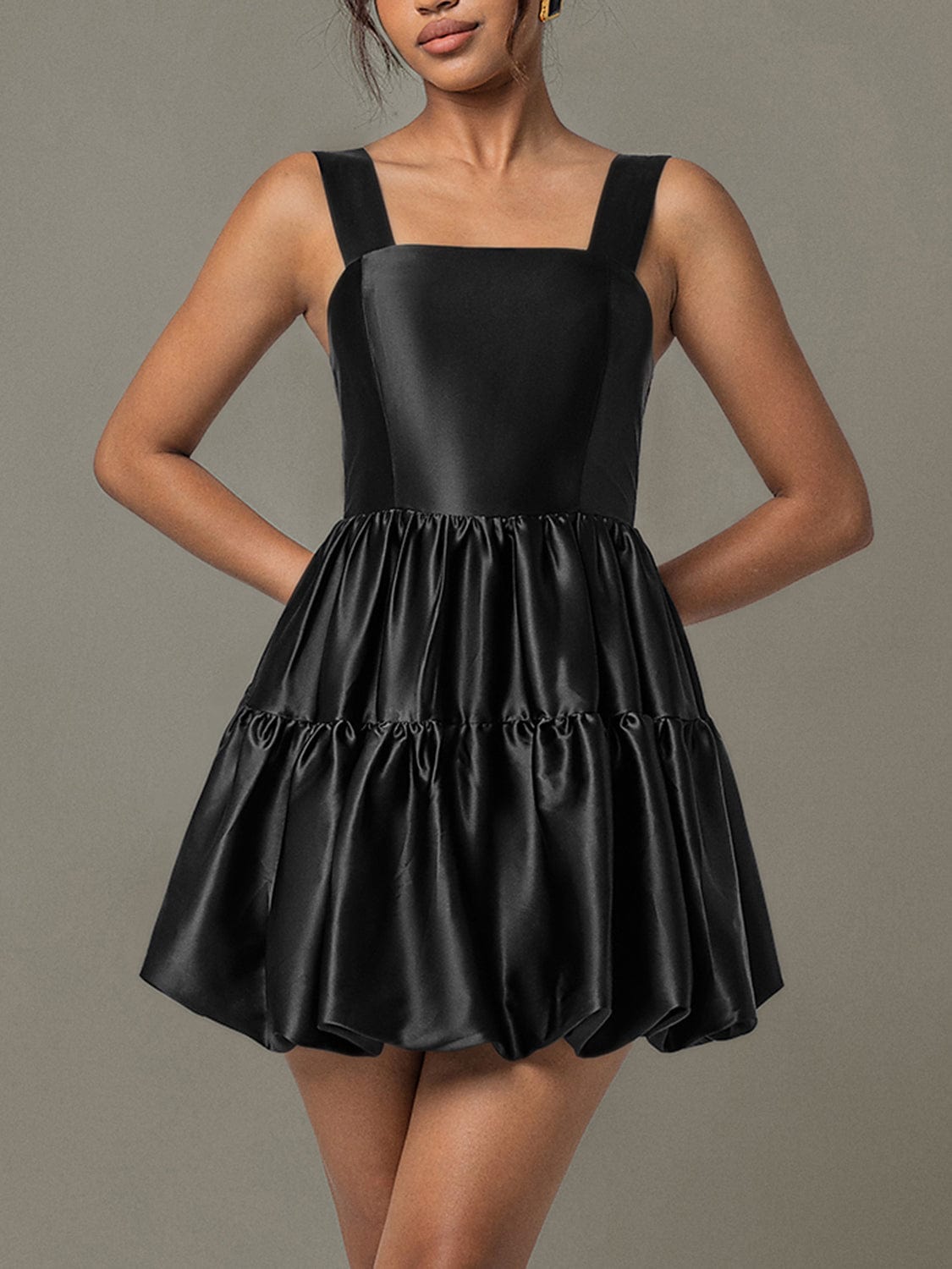 Trendsi Black Satin Ruched Square Neck Wide Strap Mini Evening Party Club Dress Black Satin Ruched Square Neck Wide Strap Mini Evening Party Club Dress