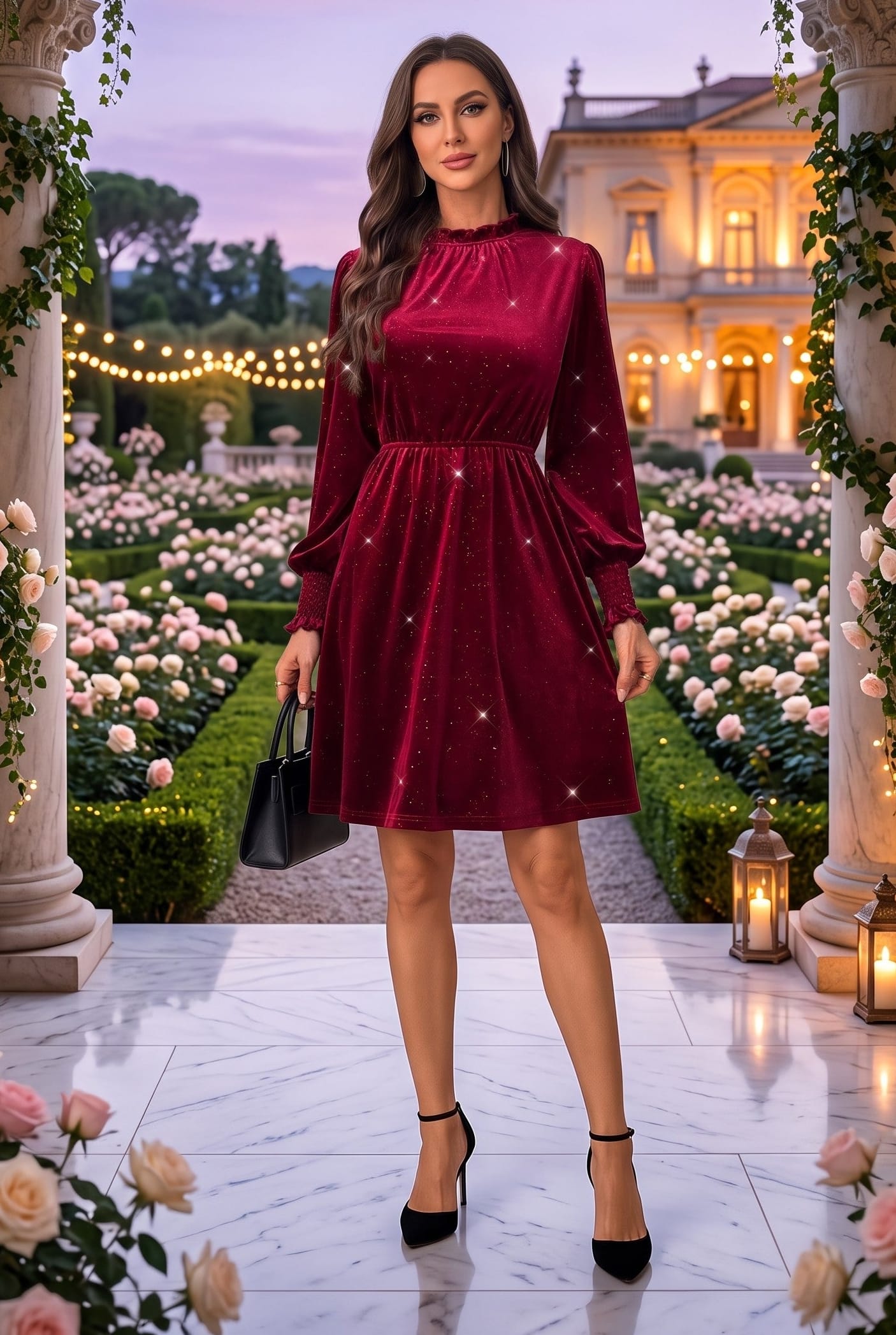 Trendsi Burgundy Glitter Mock Neck Long Puff Sleeve Mini Dress Burgundy Glitter Mock Neck Long Puff Sleeve Mini Dress