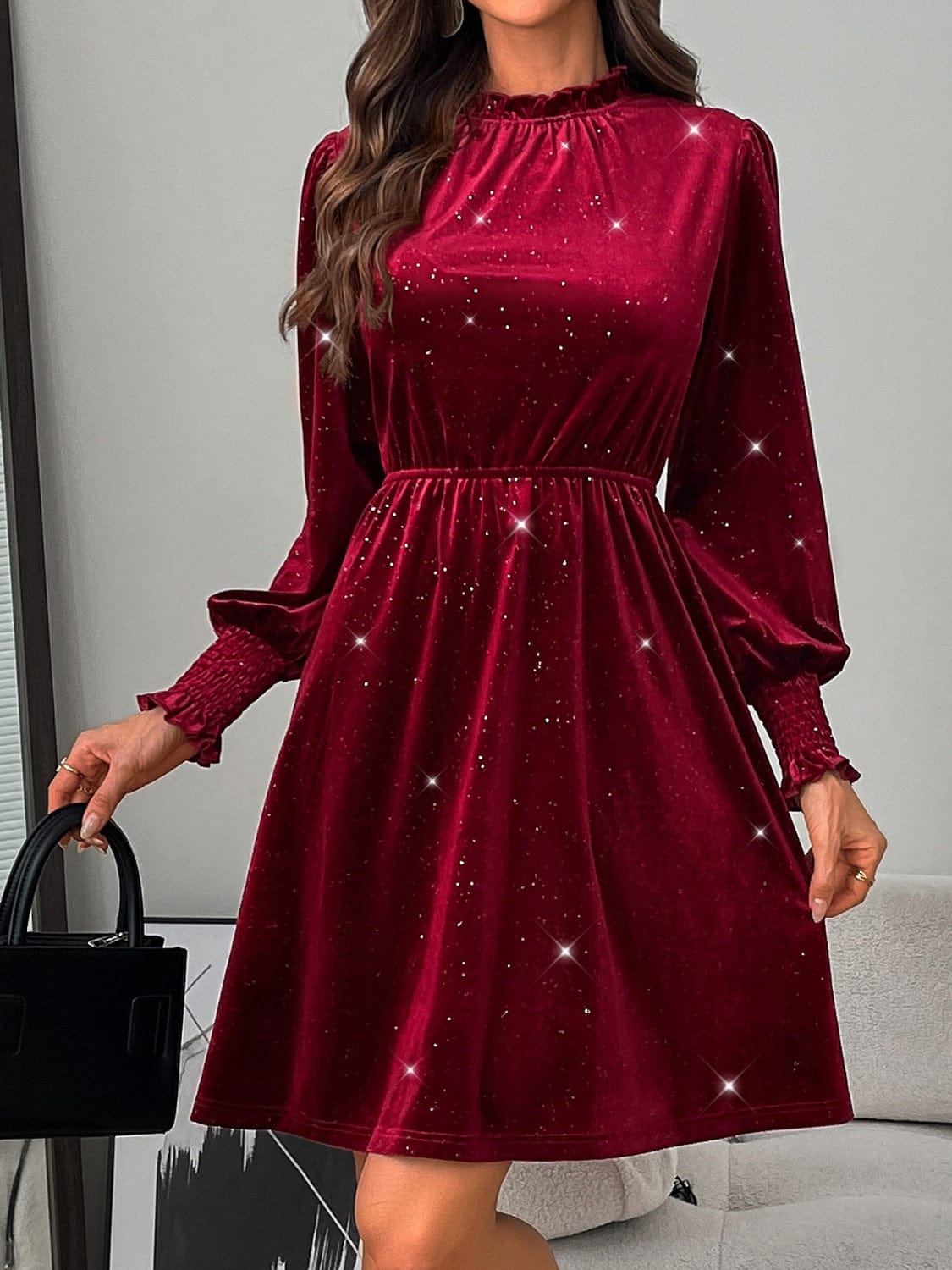 Trendsi Burgundy / S Glitter Mock Neck Long Sleeve Mini Dress 100100373441201 Glitter Mock Neck Long Sleeve Mini Dress