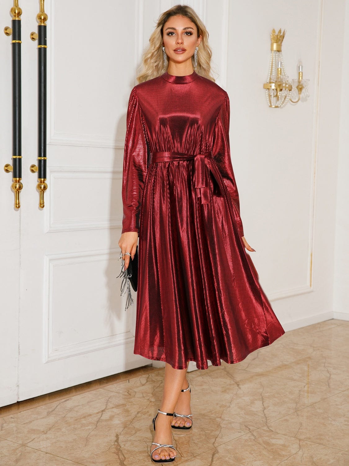 Trendsi Burgundy / S Tie Waist Long Sleeve Midi Dress 100100220071117 Tie Waist Long Sleeve Midi Dress