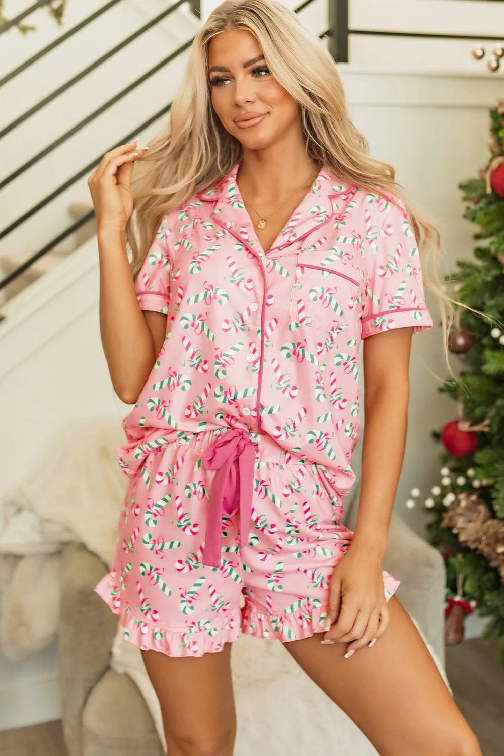 Trendsi Candy Cane Collared Neck Top and Shorts Lounge Set Candy Cane Collared Neck Top and Shorts Lounge Set