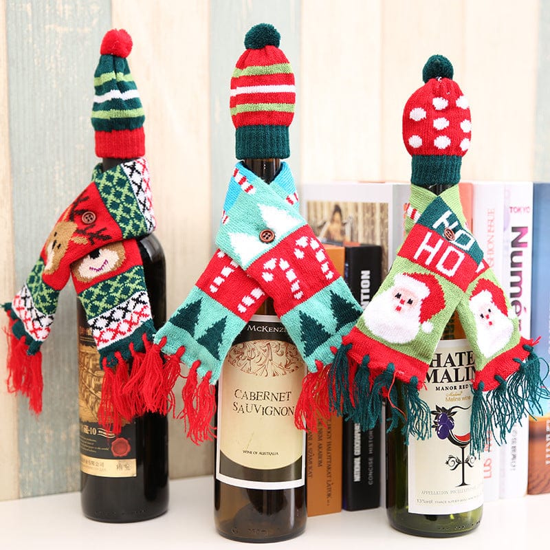 Trendsi Christmas Hat and Scarf Wine Bottle Decoration Christmas Hat and Scarf Wine Bottle Decoration