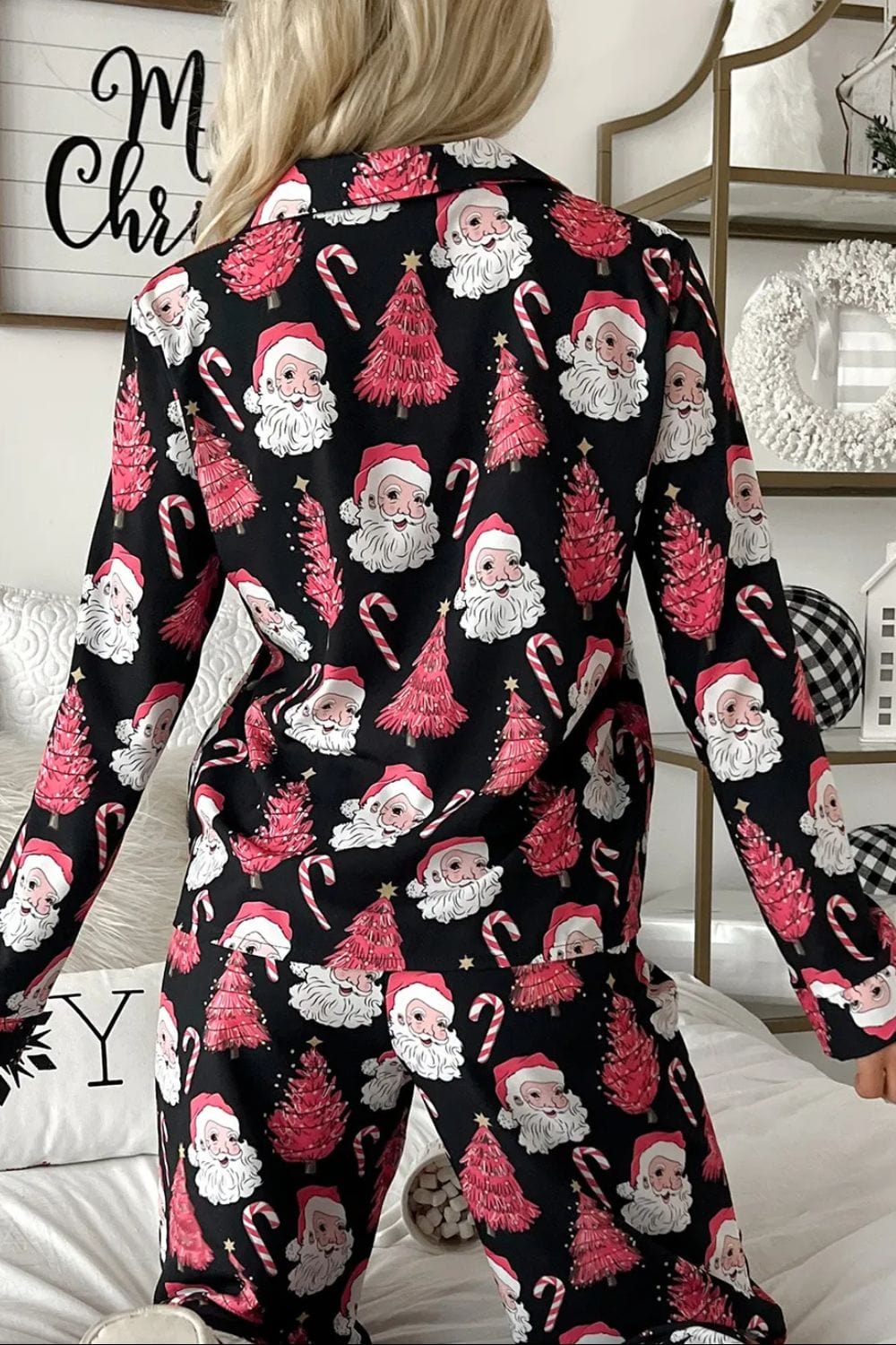 Trendsi Christmas Printed Collared Neck Top and Pants Lounge Set Christmas Printed Collared Neck Top and Pants Lounge Set