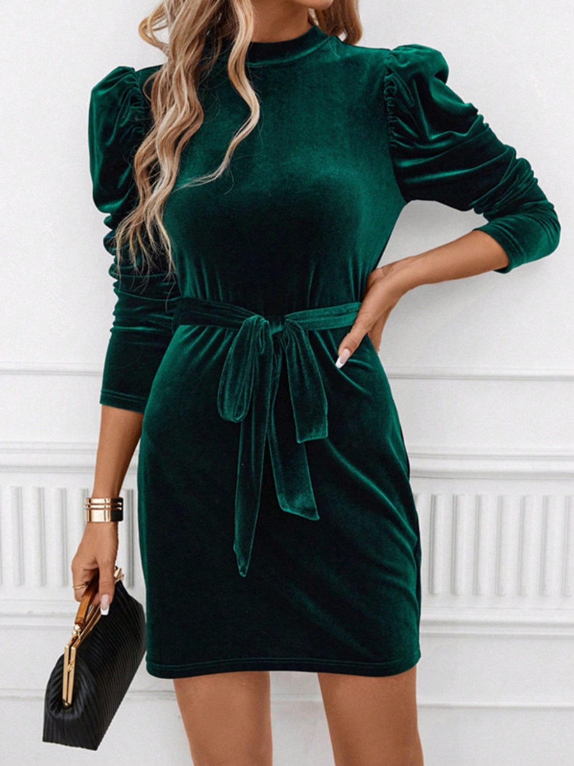 Trendsi Dark Green Velvet Mock Neck Tie Waist Puff Sleeve Mini Evening Party Dress Dark Green Velvet Mock Neck Tie Waist Puff Sleeve Mini Evening Party Dress