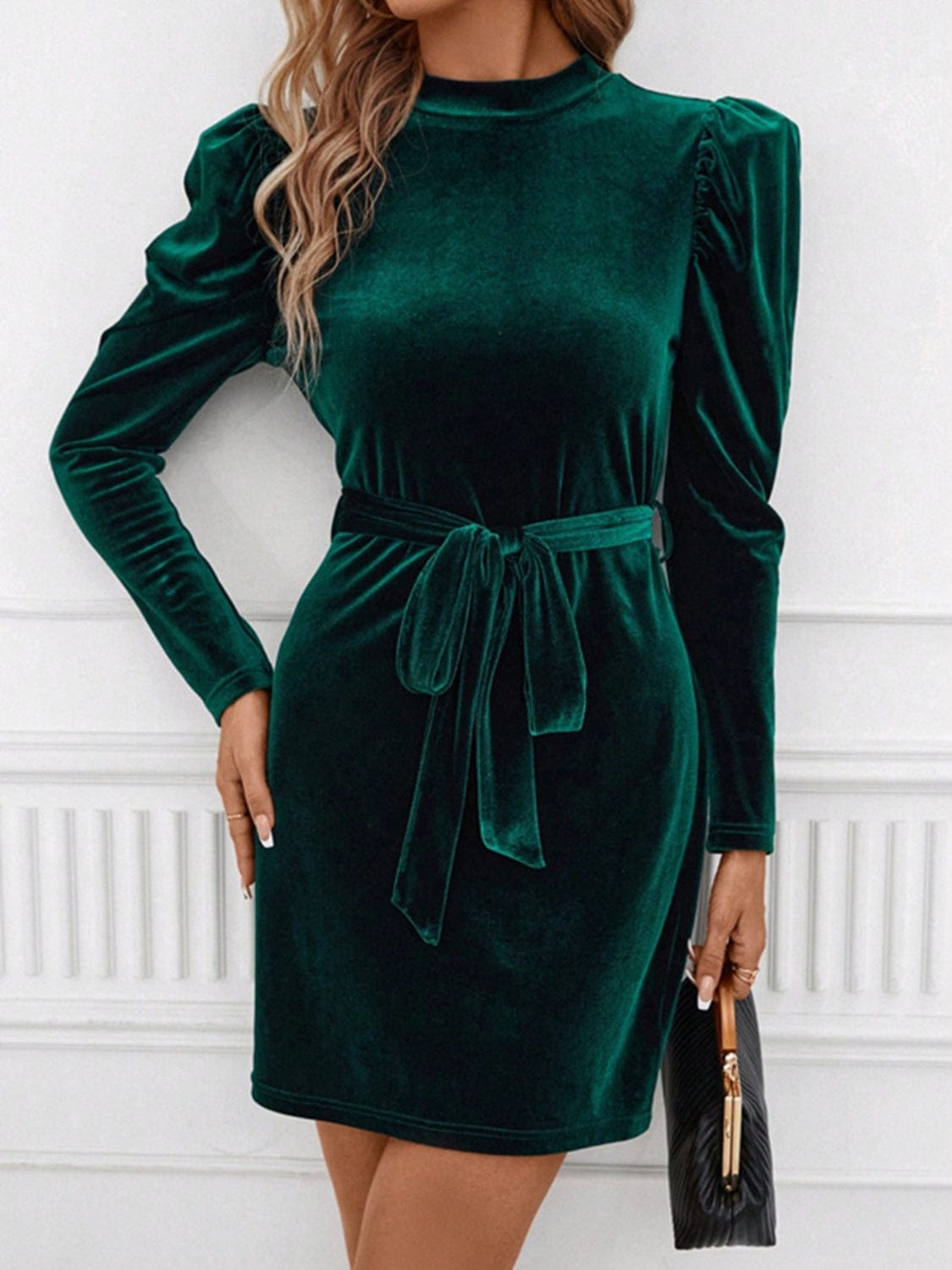 Trendsi Dark Green Velvet Mock Neck Tie Waist Puff Sleeve Mini Evening Party Dress Dark Green Velvet Mock Neck Tie Waist Puff Sleeve Mini Evening Party Dress