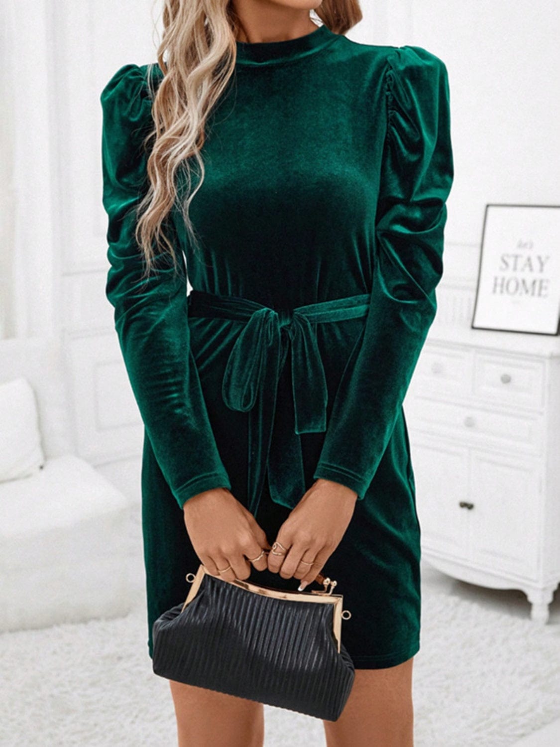 Trendsi Dark Green Velvet Mock Neck Tie Waist Puff Sleeve Mini Evening Party Dress Dark Green Velvet Mock Neck Tie Waist Puff Sleeve Mini Evening Party Dress