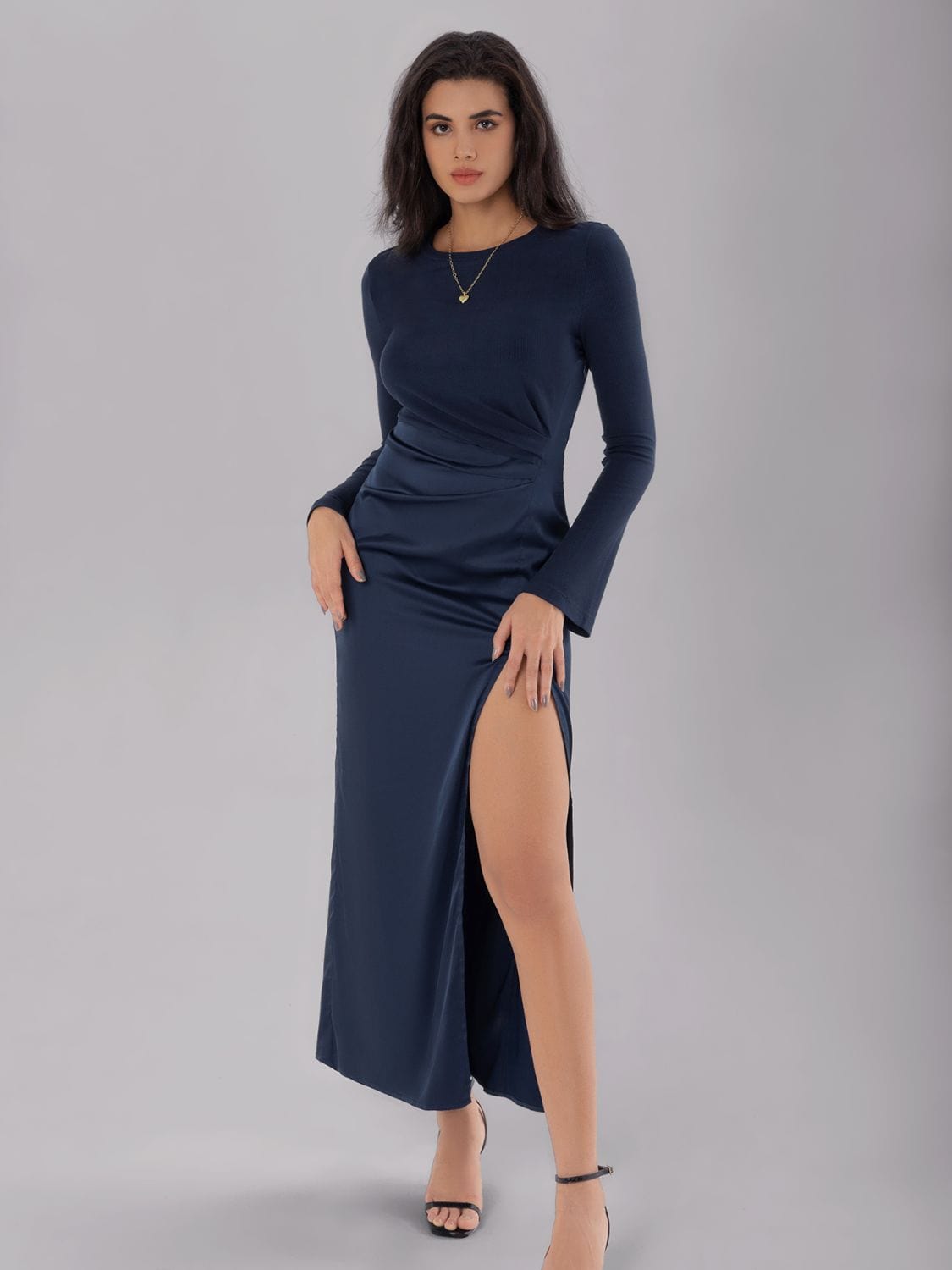 Trendsi Dark Navy / S Split Round Neck Long Sleeve Midi Dress 100100795041202 Split Round Neck Long Sleeve Midi Dress