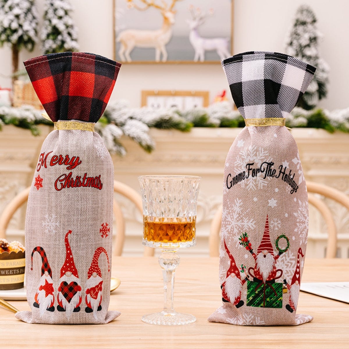 Trendsi Deep Red / One Size 2-Piece Christmas Plaid Wine Bottle Covers 101400769185061 2-Piece Christmas Plaid Wine Bottle Covers