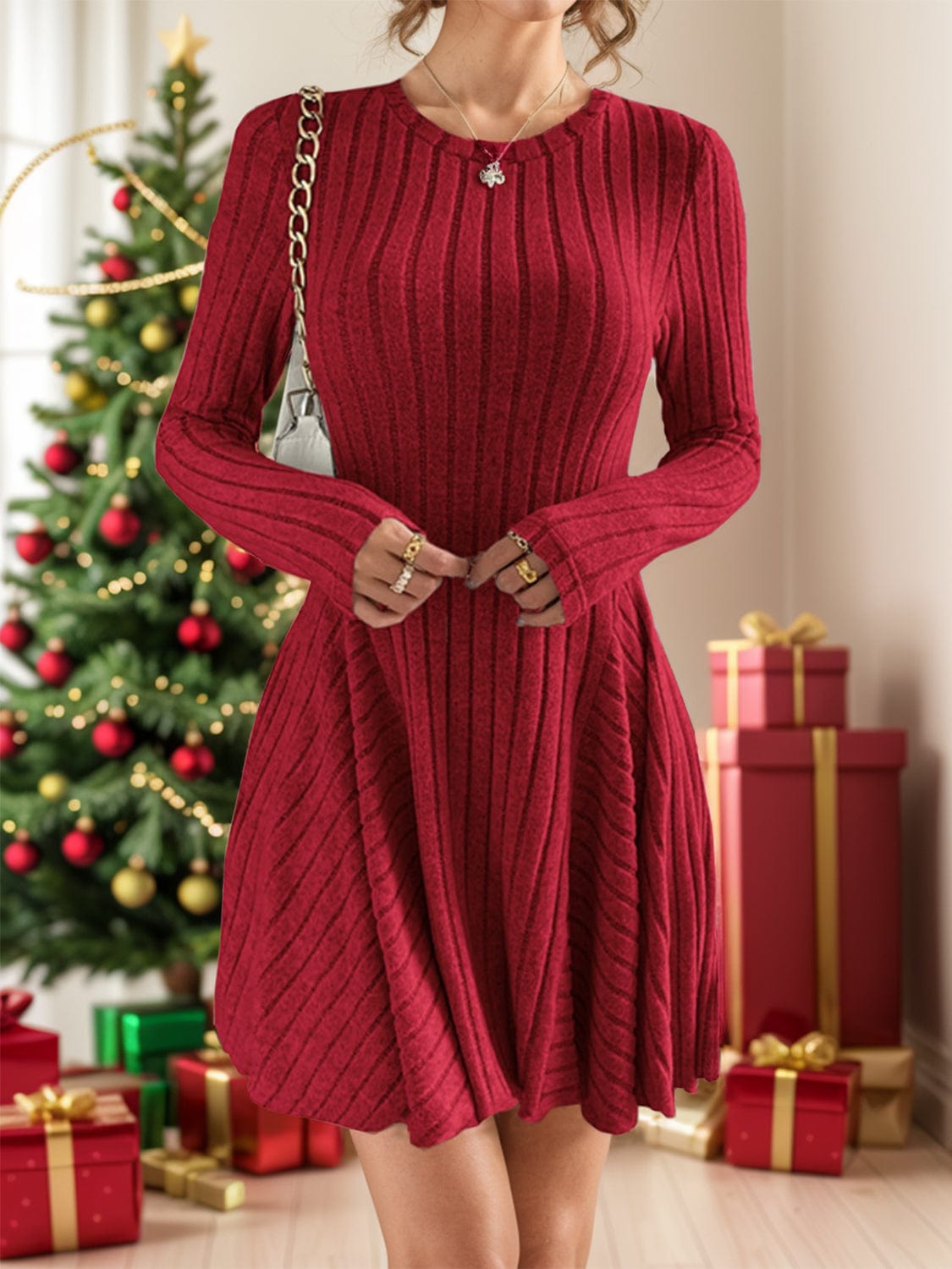 Trendsi Deep Red / S Ribbed Round Neck Long Sleeve Dress 100100630091664 Ribbed Round Neck Long Sleeve Dress