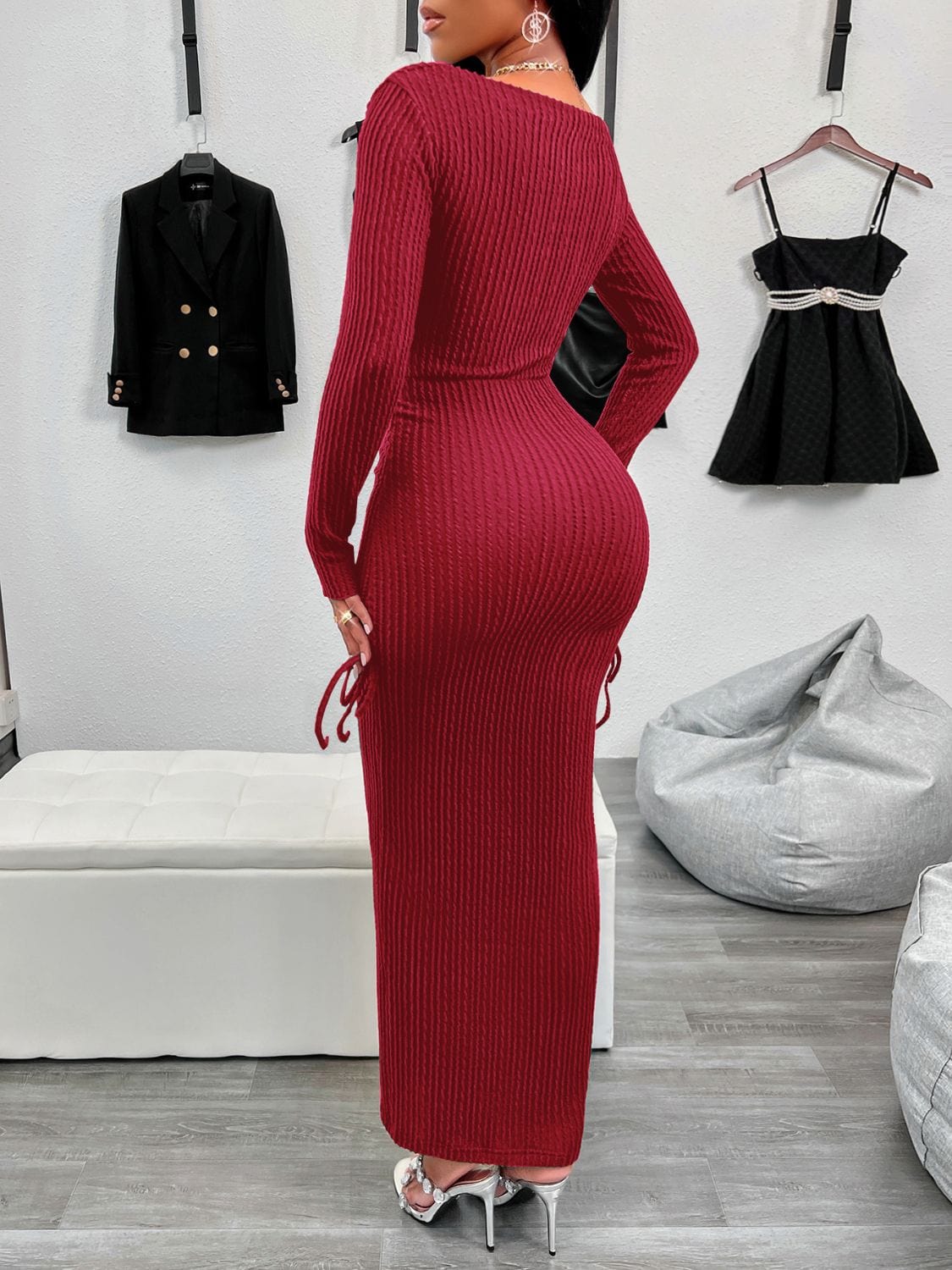 Trendsi Drawstring Textured Long Sleeve Wrap Dress Drawstring Textured Long Sleeve Wrap Dress