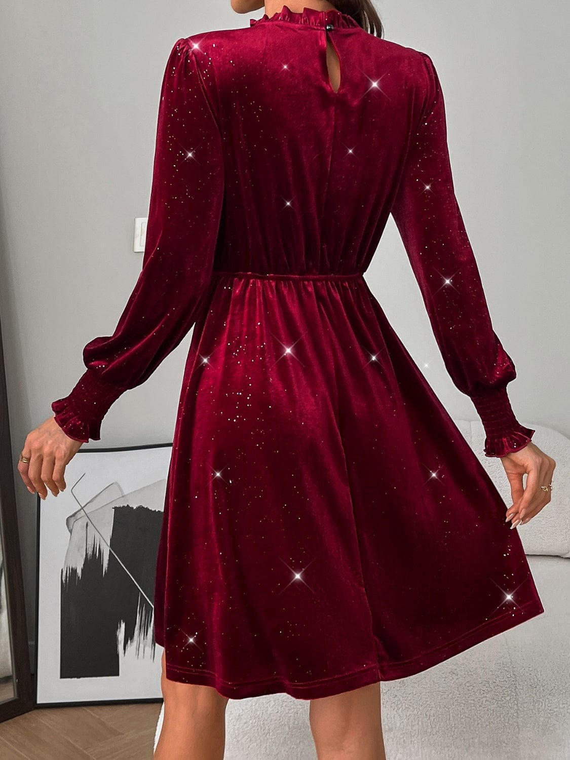 Trendsi Burgundy / S Glitter Mock Neck Long Sleeve Mini Dress 100100373441201 Glitter Mock Neck Long Sleeve Mini Dress