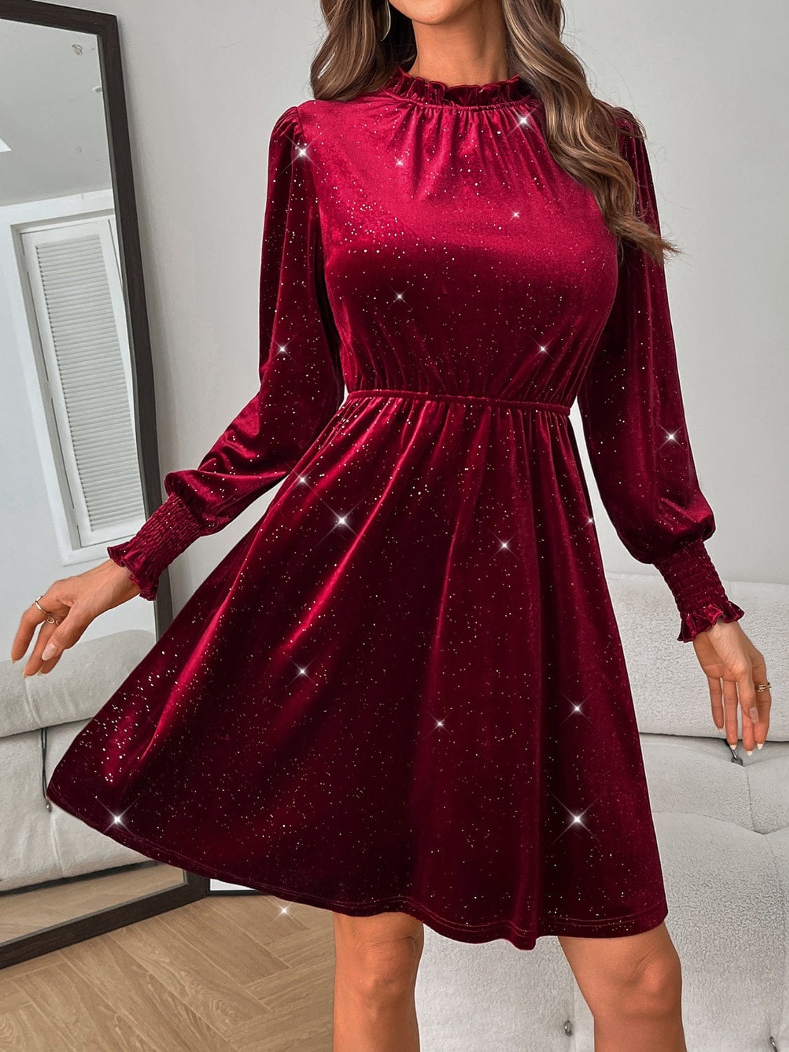 Trendsi Glitter Mock Neck Long Sleeve Mini Dress Glitter Mock Neck Long Sleeve Mini Dress