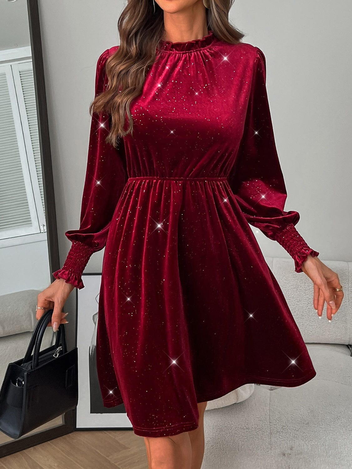 Trendsi Glitter Mock Neck Long Sleeve Mini Dress Glitter Mock Neck Long Sleeve Mini Dress