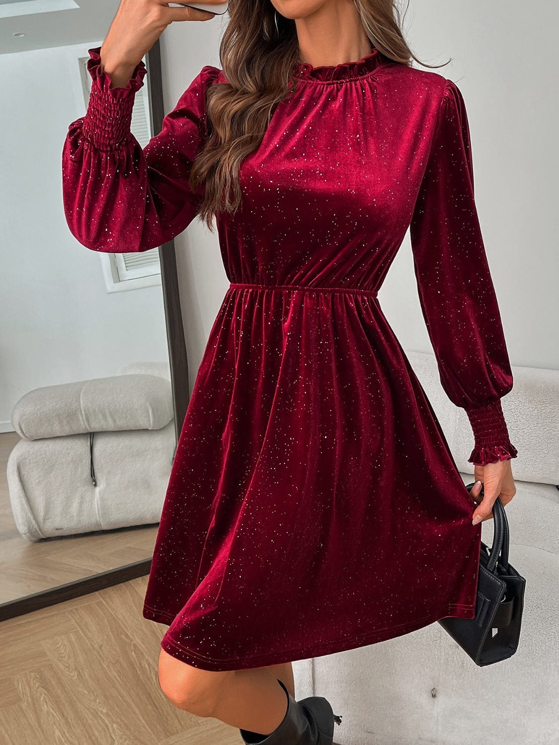 Trendsi Glitter Mock Neck Long Sleeve Mini Dress Glitter Mock Neck Long Sleeve Mini Dress