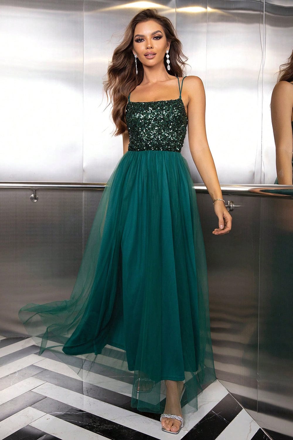 Trendsi Green Sequin &amp; Mesh Tulle Lace-Up Backless Evening Party Dress Green Sequin &amp; Mesh Tulle Lace-Up Backless Evening Party Dress