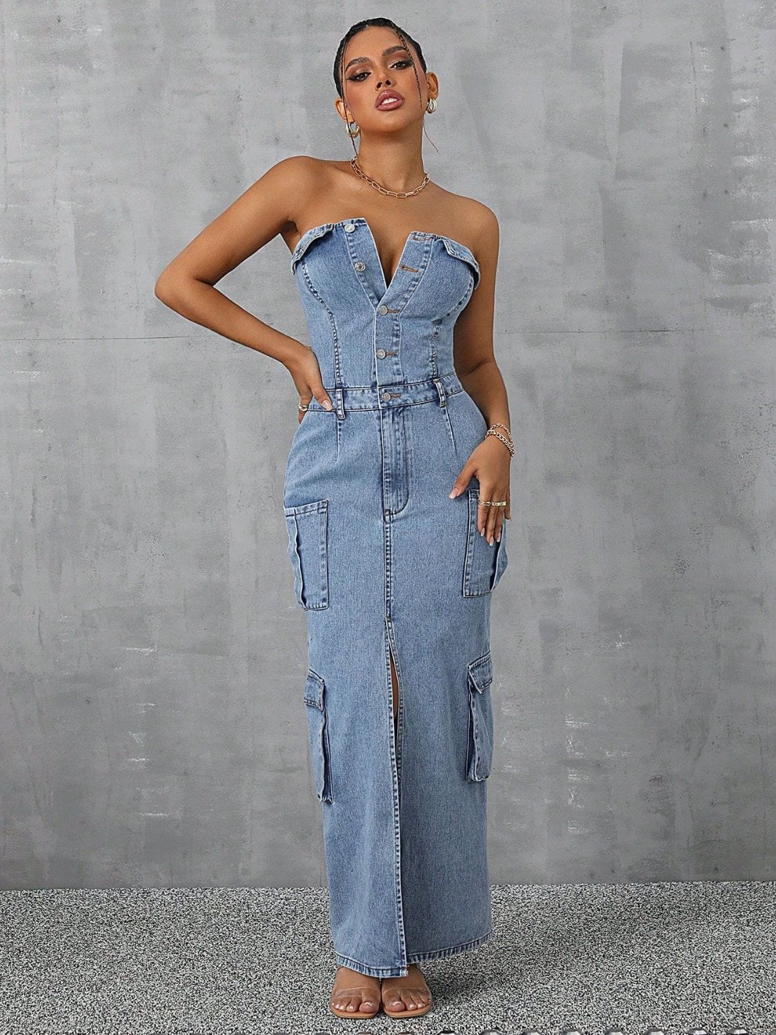 Trendsi Light / S Slit Half Button Tube Denim Dress 100100517091837 Slit Half Button Tube Denim Dress