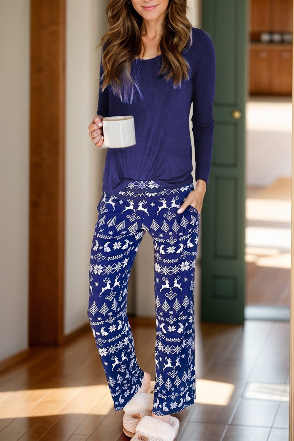 Trendsi Navy / S Round Neck Long Sleeve Top and Printed Pants Lounge Set 100100926091472 Round Neck Long Sleeve Top and Printed Pants Lounge Set