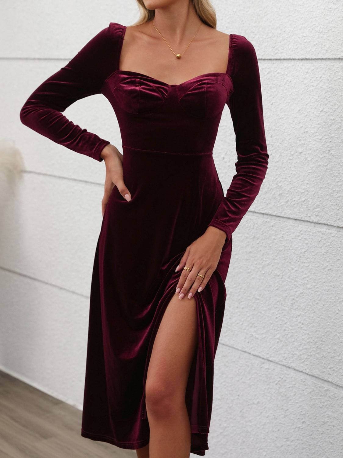 Trendsi Perfee Sweetheart Neck Long Sleeve Midi Dress Perfee Sweetheart Neck Long Sleeve Midi Dress