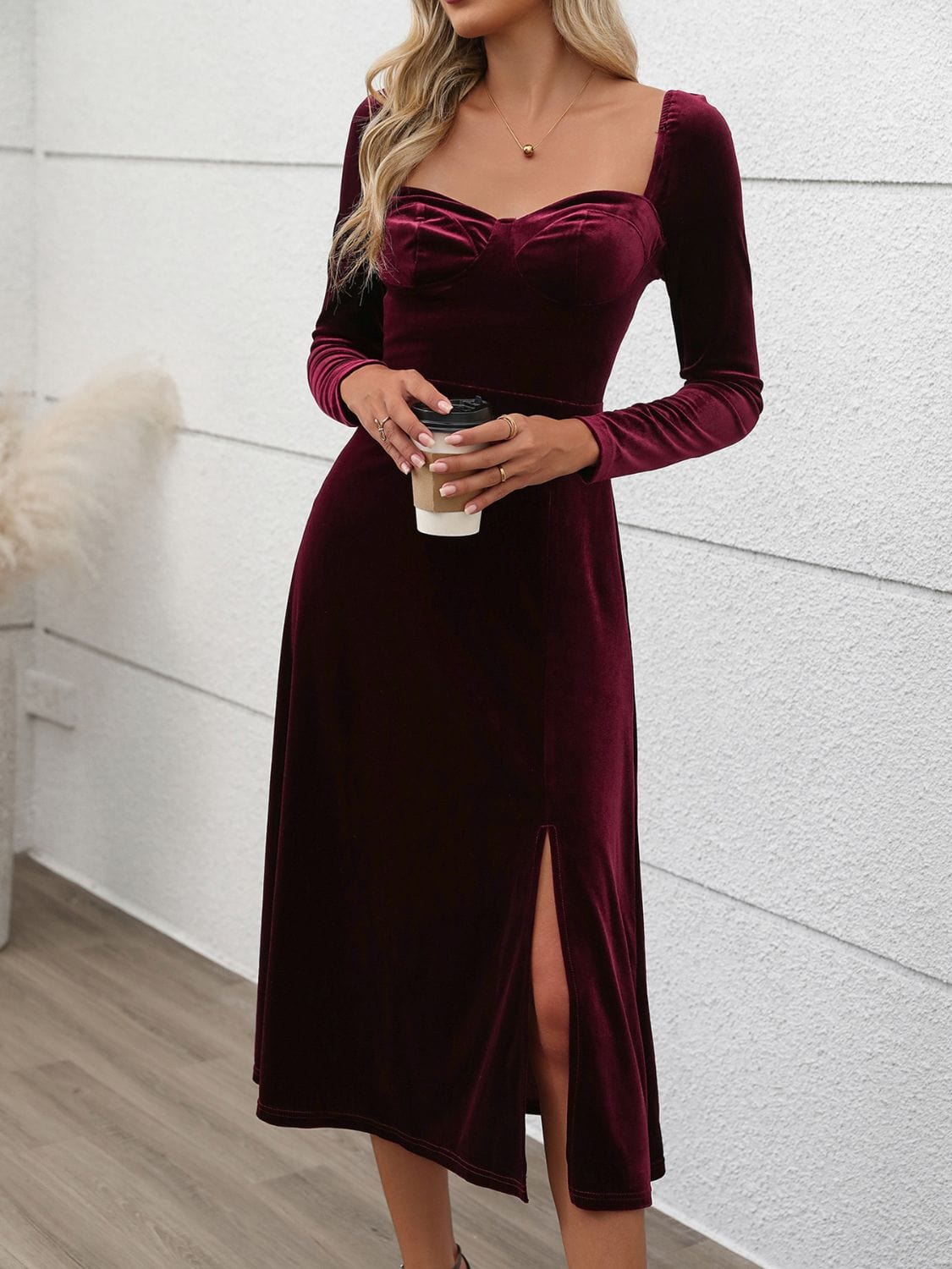 Trendsi Perfee Sweetheart Neck Long Sleeve Midi Dress Perfee Sweetheart Neck Long Sleeve Midi Dress