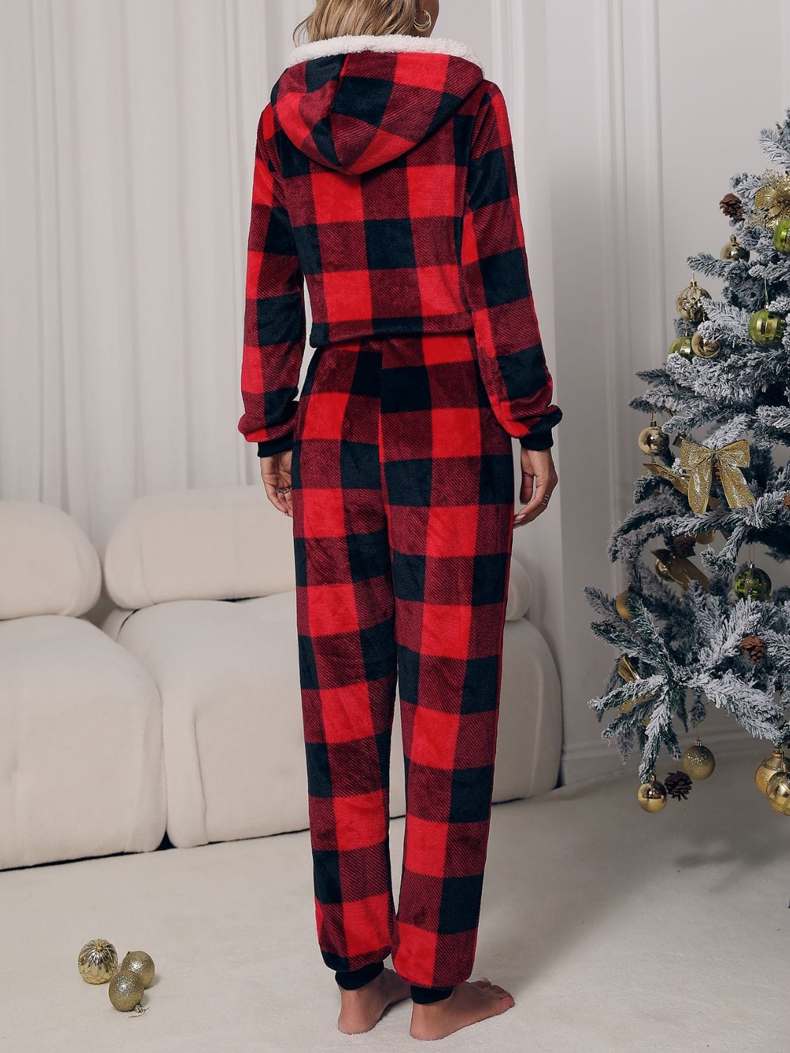 Trendsi Deep Red / S Plaid Zip Front Long Sleeve Hooded Lounge Jumpsuit 100101413211238 Plaid Zip Front Long Sleeve Hooded Lounge Jumpsuit