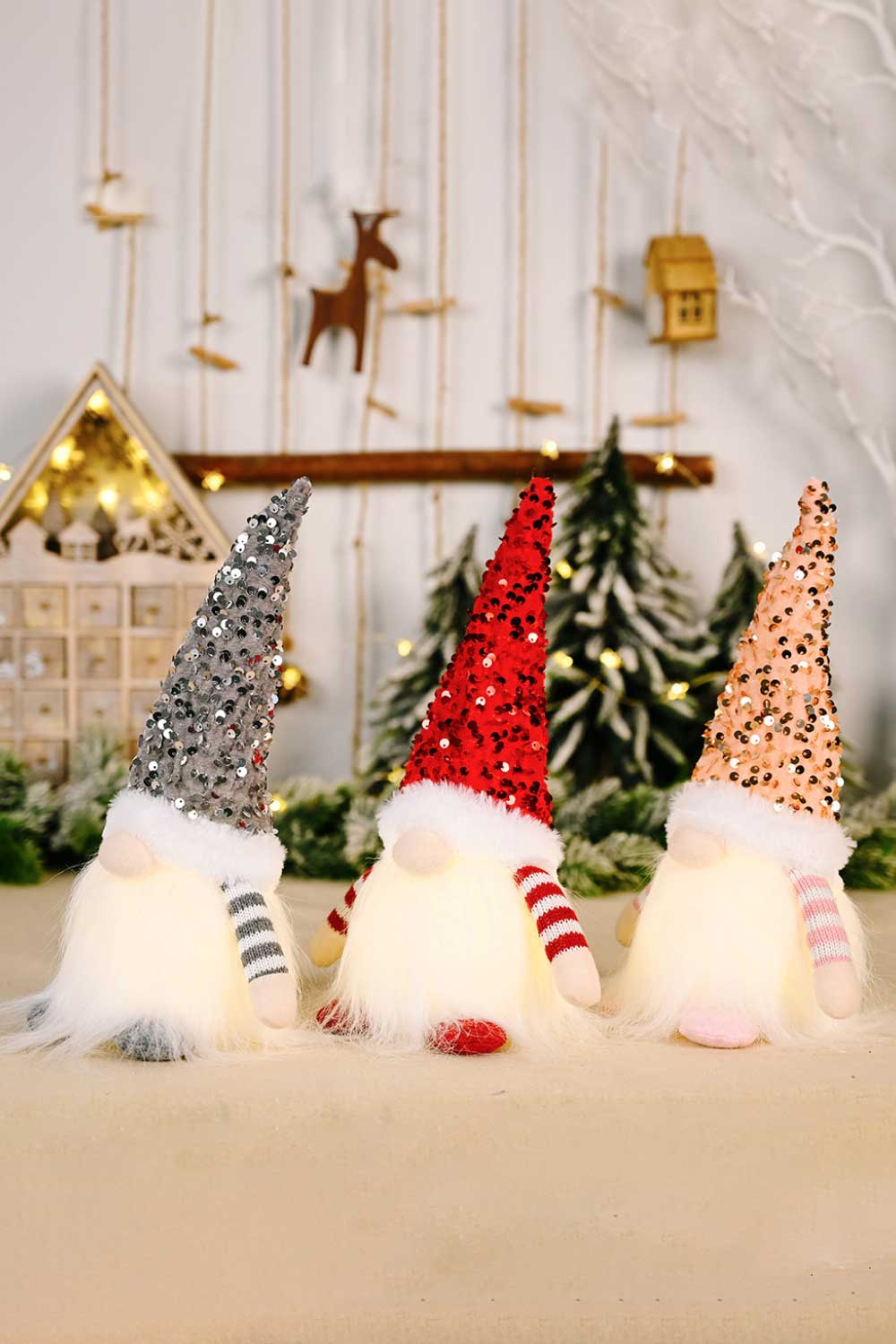 Trendsi Red/Pink/Gray / One Size/3 Pack 3-Pack Sequin Light-Up Christmas Gnomes 101400835453475 3-Pack Sequin Light-Up Christmas Gnomes