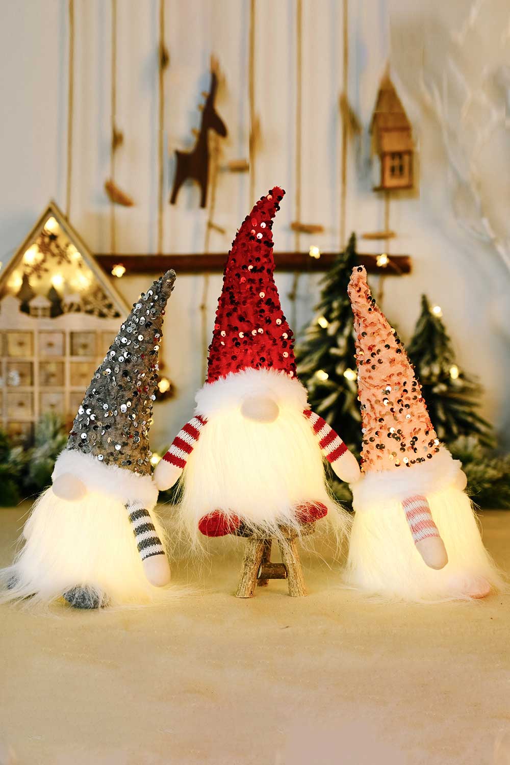 Trendsi Red/Pink/Gray / One Size/3 Pack 3-Pack Sequin Light-Up Christmas Gnomes 101400835453475 3-Pack Sequin Light-Up Christmas Gnomes