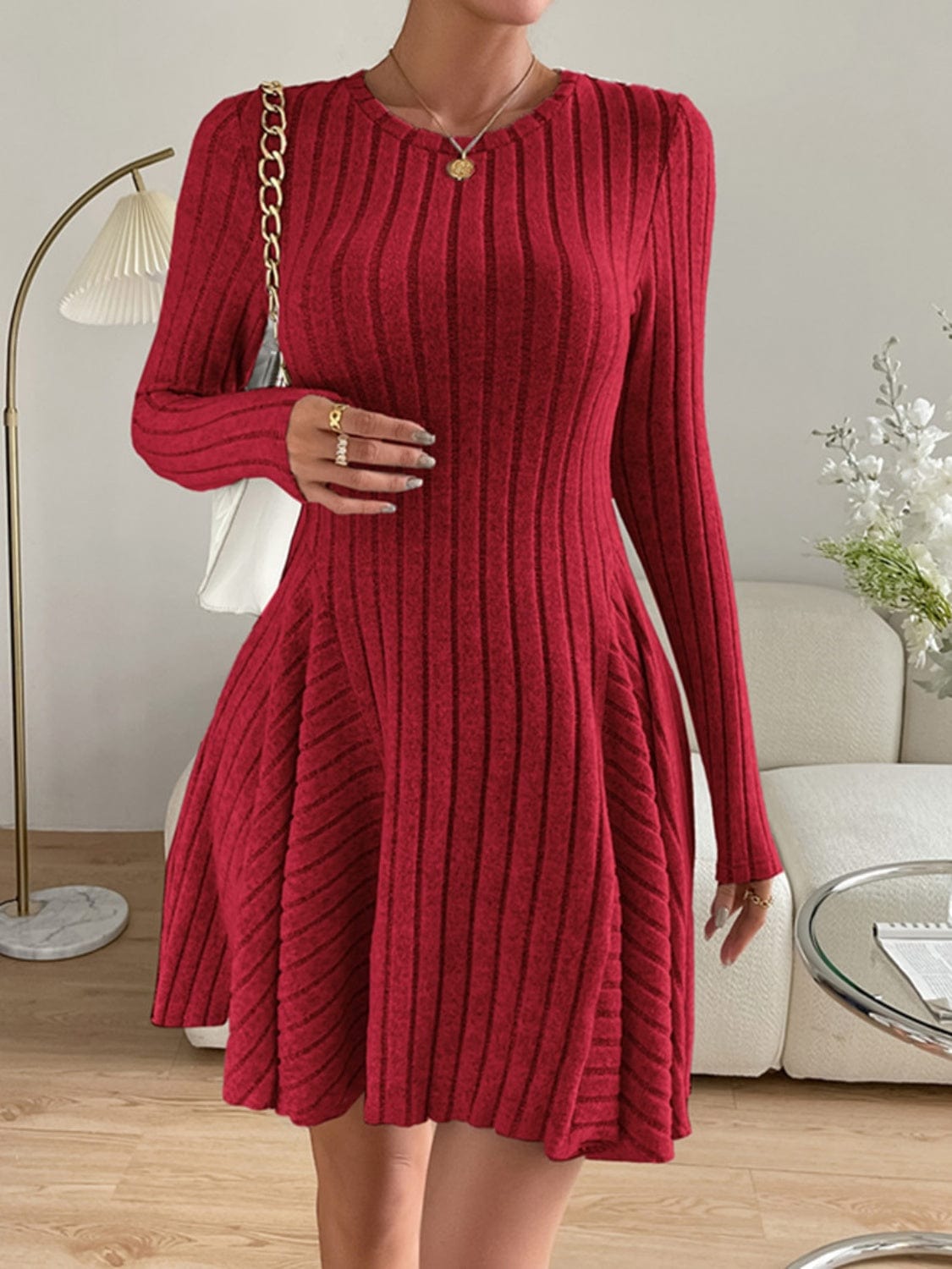 Trendsi Deep Red / S Ribbed Round Neck Long Sleeve Dress 100100630091664 Ribbed Round Neck Long Sleeve Dress