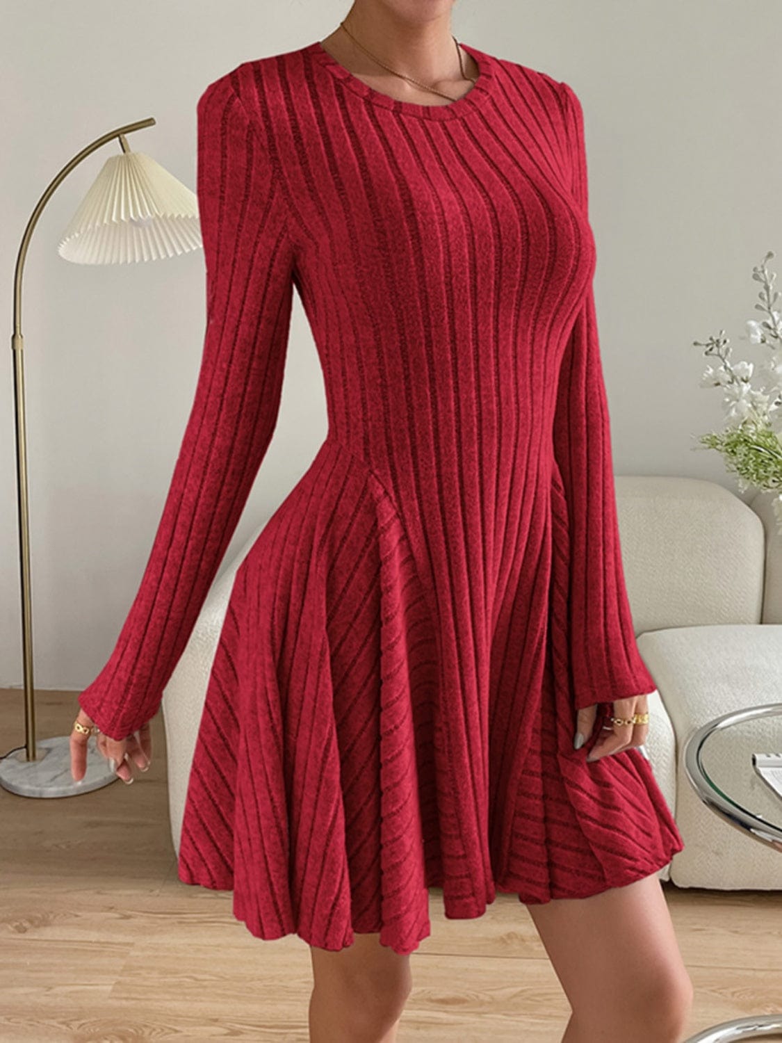 Trendsi Ribbed Round Neck Long Sleeve Dress Ribbed Round Neck Long Sleeve Dress