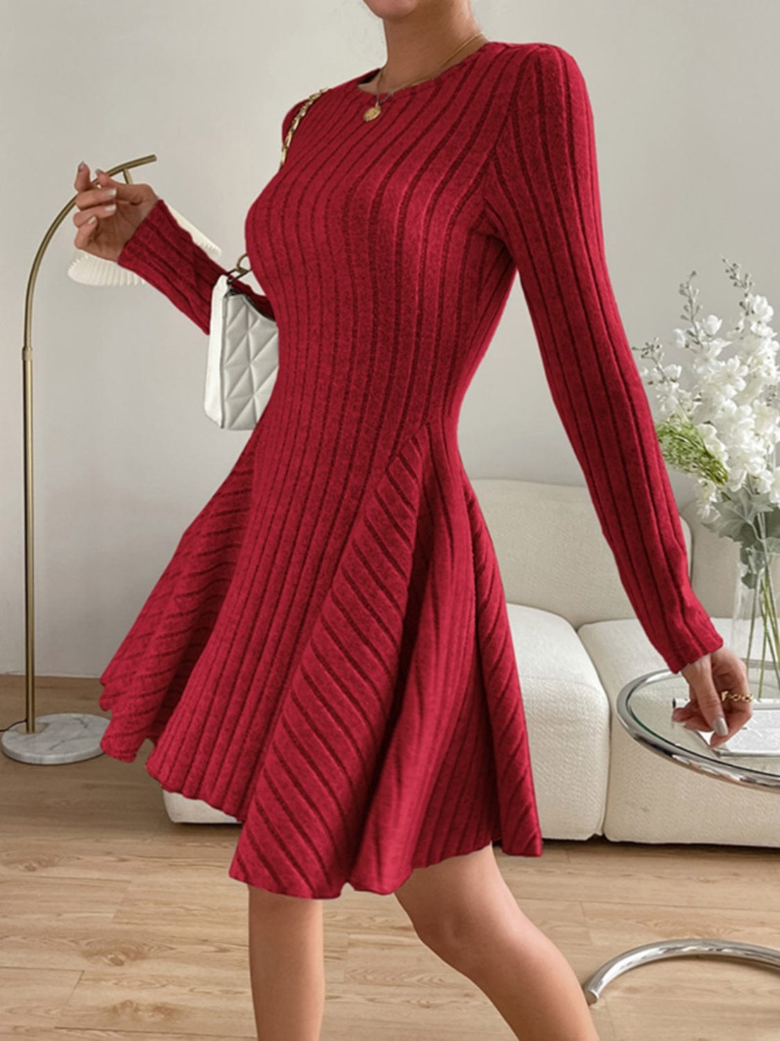 Trendsi Ribbed Round Neck Long Sleeve Dress Ribbed Round Neck Long Sleeve Dress