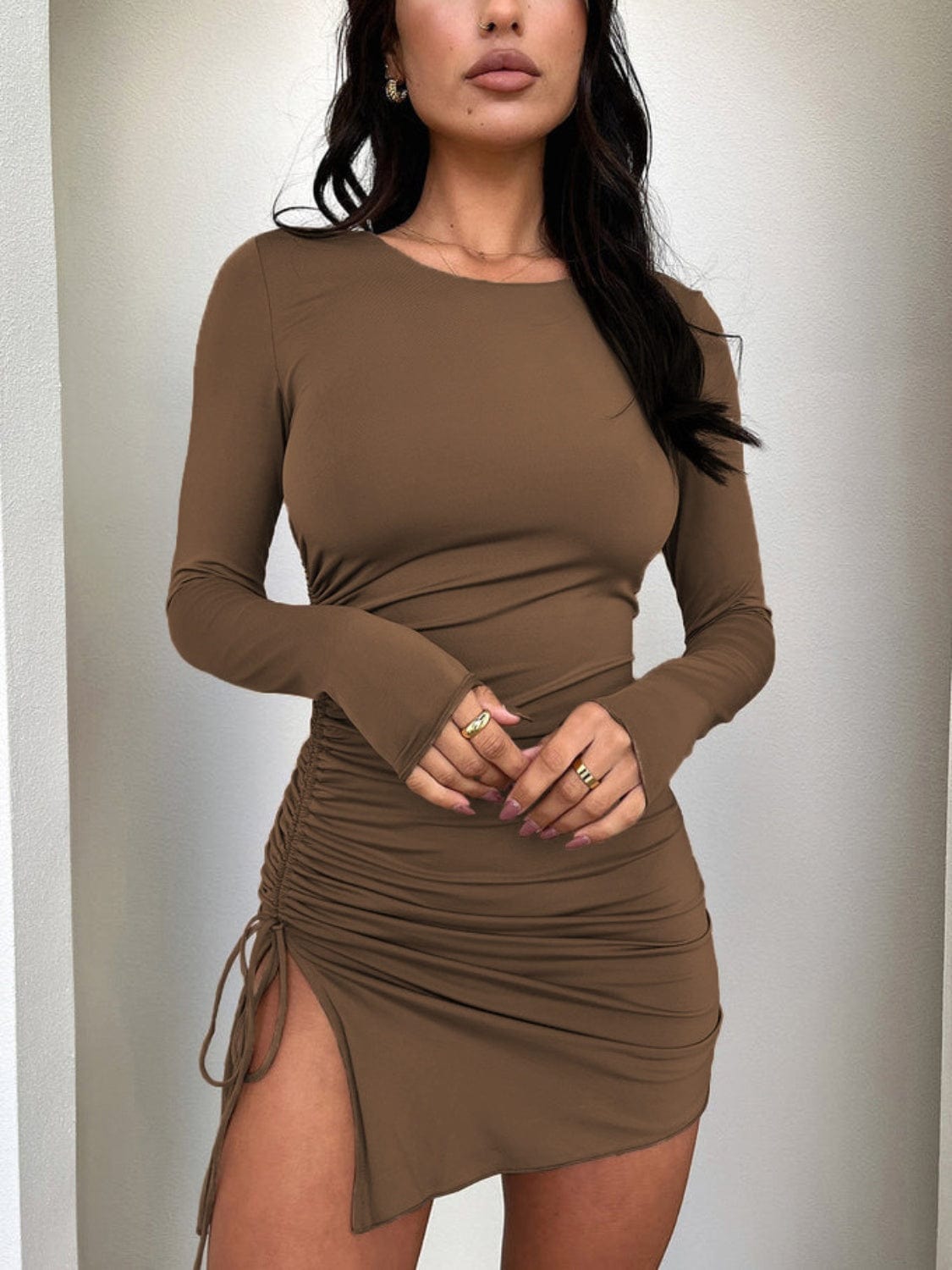 Trendsi Side Drawstring Round Neck Long Sleeve Dress Side Drawstring Round Neck Long Sleeve Dress