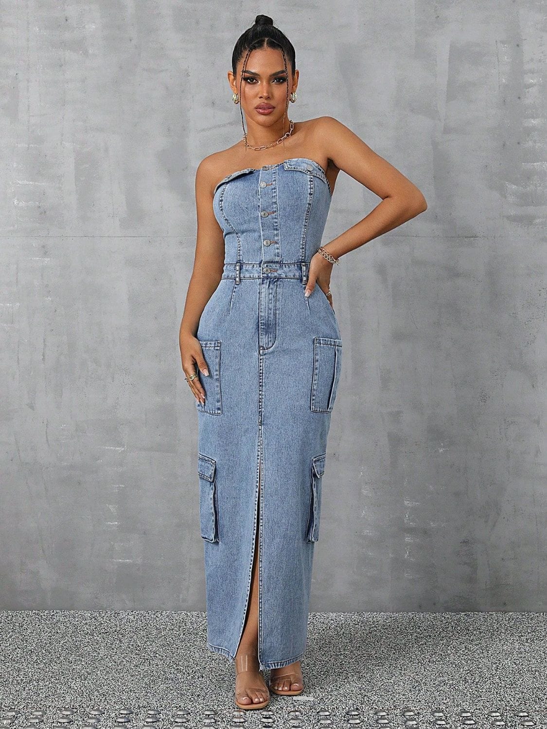 Trendsi Slit Half Button Tube Denim Dress Slit Half Button Tube Denim Dress