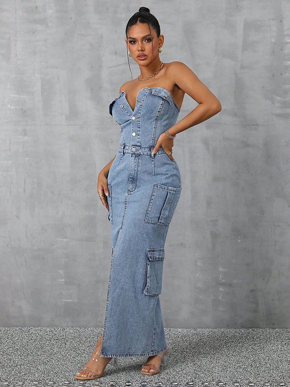 Trendsi Slit Half Button Tube Denim Dress Slit Half Button Tube Denim Dress