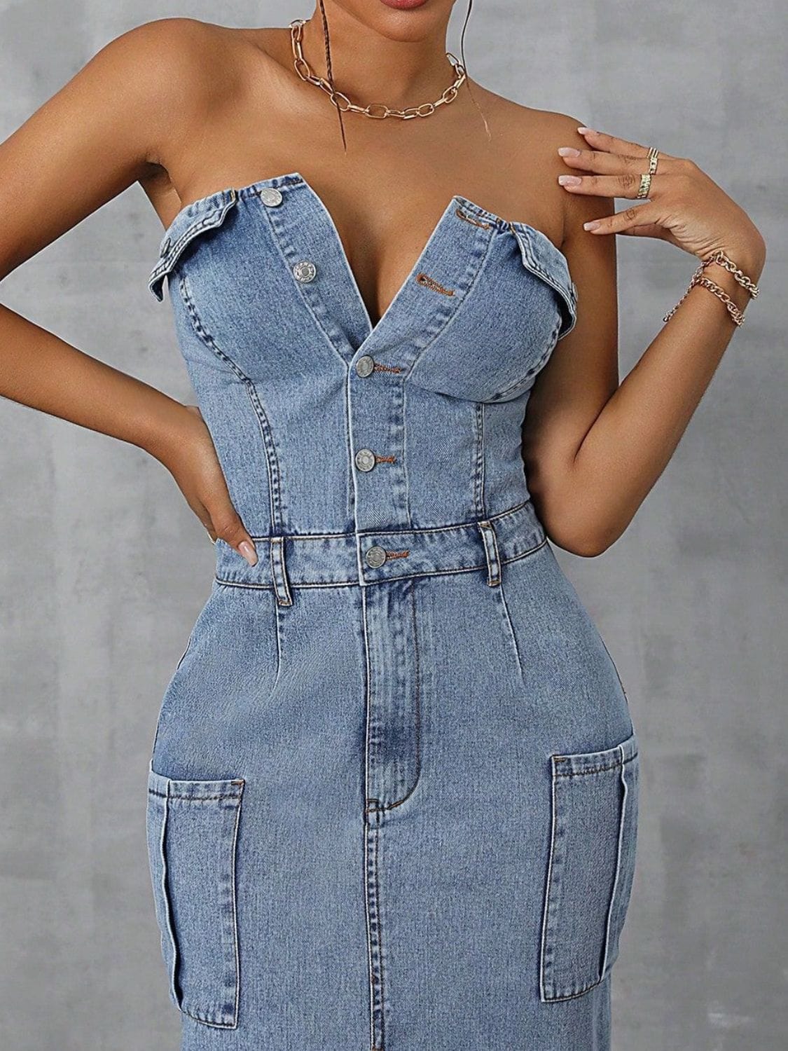 Trendsi Slit Half Button Tube Denim Dress Slit Half Button Tube Denim Dress