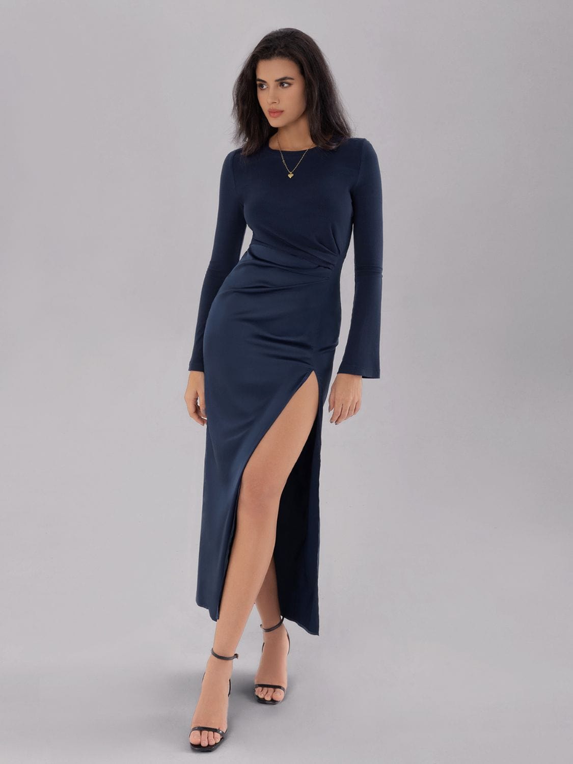 Trendsi Split Round Neck Long Sleeve Midi Dress Split Round Neck Long Sleeve Midi Dress